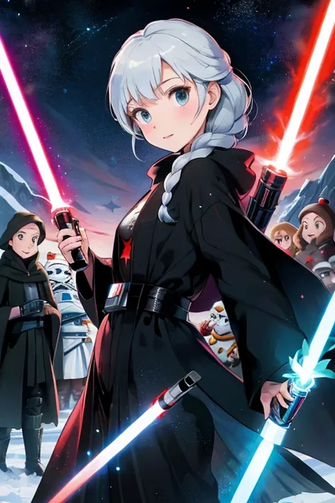 Disney princess from Frozen dressed in a black Sith robe and holding a red Star Wars-style lightsaber in her hands, with the clone army in the background