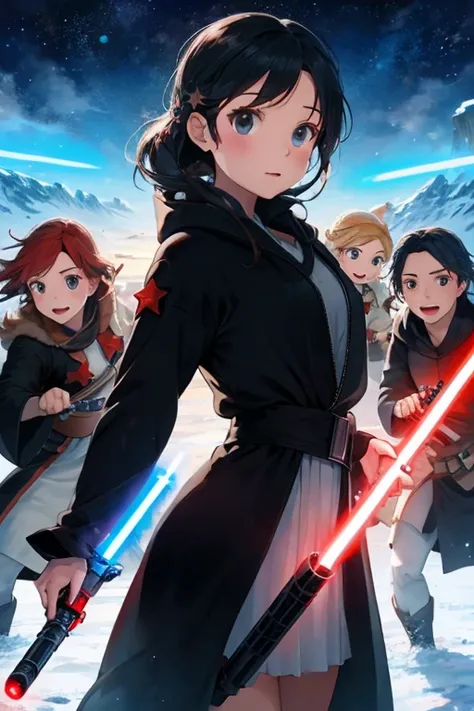 Disney princess from Frozen dressed in a black Sith robe and holding a red Star Wars-style lightsaber in her hands, with the clone army in the background