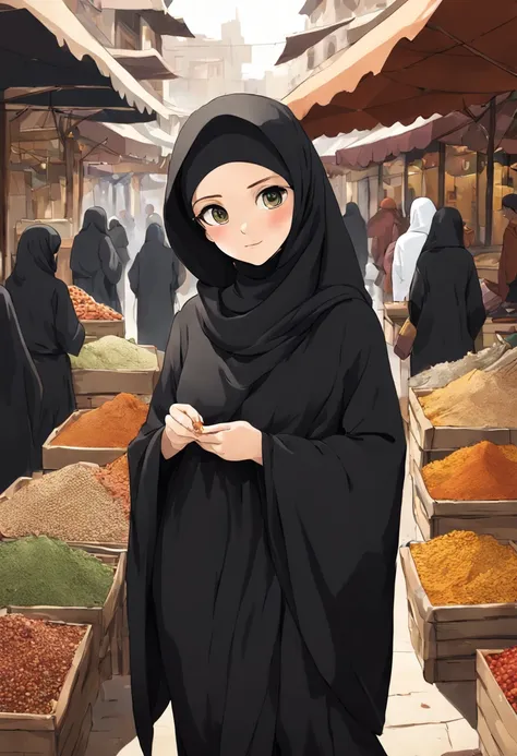 craft an emotionally resonant anime-style depiction of a young woman's face, aged 24, adorned in a black abaya and khimar hijab....