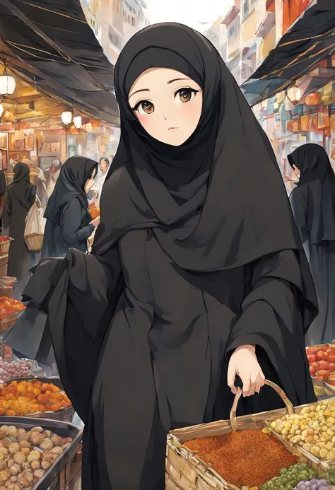 Craft an emotionally resonant anime-style artwork featuring a detailed close-up of a 24-year-old womans face, veiled in a black Abaya and Khimar Hijab. Surrounding her, a vibrant bazaar bustles with activity, filled with the sights and sounds of traders ha...