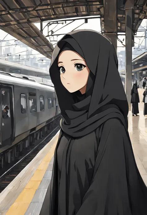 Illustrate a thought-provoking anime-inspired depiction of a young womans face, aged 24, adorned in a black Abaya and Khimar Hijab. Behind her, a bustling train station echoes with the sounds of departure announcements and the hustle of travelers, symboliz...