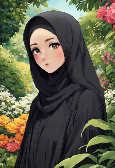 Develop a poignant anime-style illustration showcasing the extreme close-up of a 24-year-old woman draped in a black Abaya and Khimar Hijab. In the background, a lush garden blooms with vibrant flowers and exotic plants, symbolizing the beauty and abundanc...