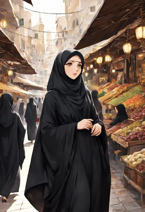 Craft a visually striking anime-style artwork featuring a detailed close-up of a 24-year-old woman wearing a black Abaya and Khimar Hijab. Surrounding her, a bustling souk comes alive with the hustle and bustle of shoppers and traders, symbolizing the vibr...