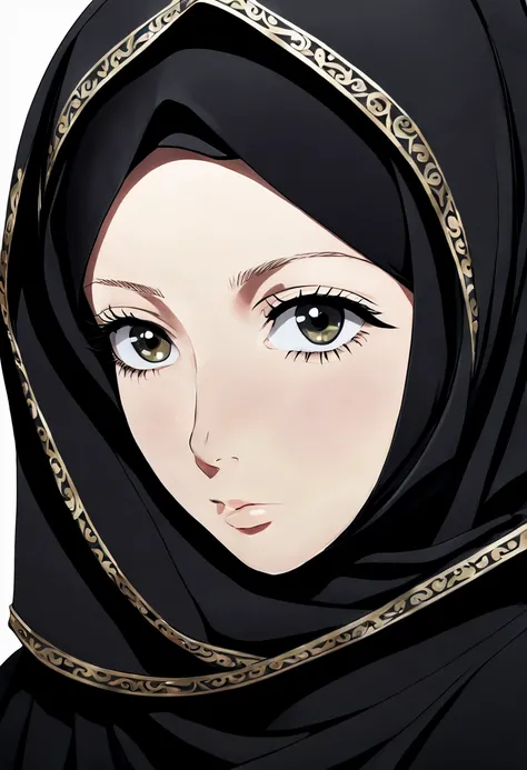 Craft an ultra-detailed anime-style illustration portraying the extreme close-up of a 24-year-old woman wearing a black Abaya and Khimar Hijab. Every strand of hair beneath her headscarf is painstakingly rendered, each one catching the light in a naturalis...