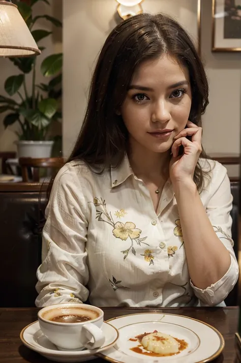 A woman, sitting at a table, wearing a yellow floral blouse, is captured in a candid picture. She is sitting in a cozy cafe, with a cup of coffee and a plate of macaroni on the table. The focus is on her, giving a close-up view of her beautiful detailed ey...