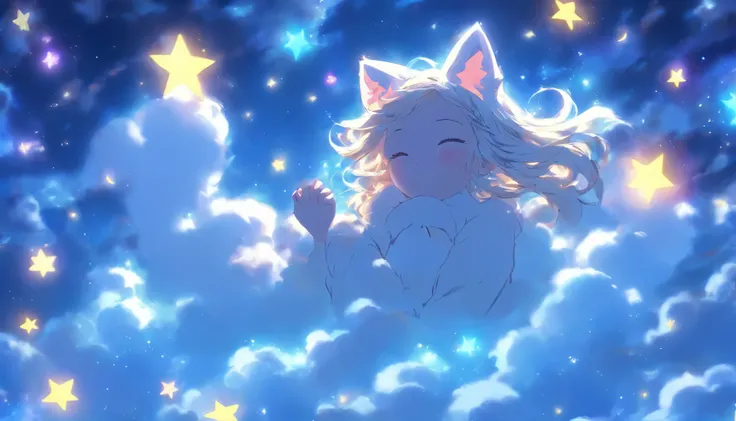 masterpiece, best quality, movie still, 1girl, longe hair, white hair, Long hair down to the waist, cat ears, yellow eyes, pijama, cloud girl, floating in the sky, close-up, bright, happy, starlight, nightsky, Moon,(sparks:0.7)