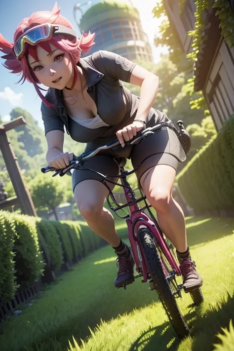 a woman riding a bike through a lush green field, an anime drawing, mischievous!!, sakura kinomoto, ( ( ( ( 3 d render ) ) ) ), in the middle of round ruins