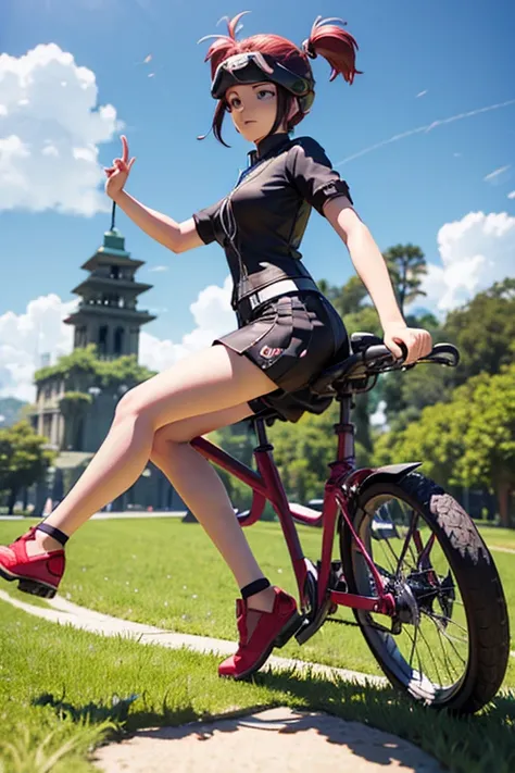 a woman riding a bike through a lush green field, an anime drawing, mischievous!!, sakura kinomoto, ( ( ( ( 3 d render ) ) ) ), in the middle of round ruins