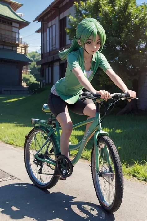 a woman riding a bike through a lush green field, an anime drawing, mischievous!!, sakura kinomoto, ( ( ( ( 3 d render ) ) ) ), in the middle of round ruins