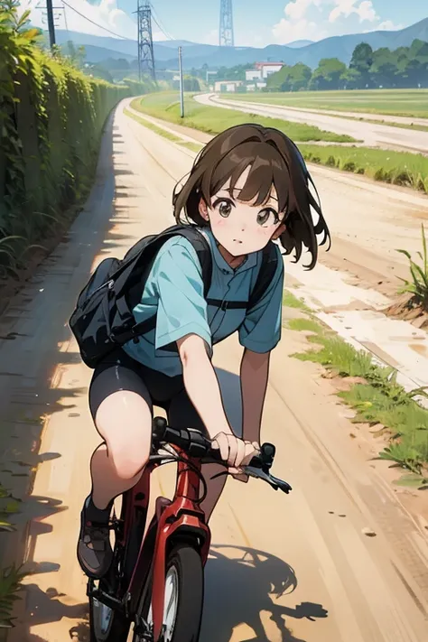 a woman riding a bike down a dirt road, inspired by Leiko Ikemura, pixiv contest winner, girl in space, megastructure in the background, shirobako, vacation photo
