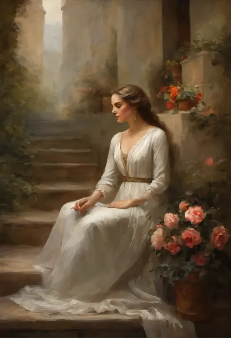 The man at the bottom is standing, Gives a flower, Woman, Sitting on a ledge, flowers, Long flowing fabric for dress., ясные лицаMagali Villeneuve, Magali Villeneuve, вдохновленный Magali Villeneuve, Художник-график Magali Villeneuve, magali villeneuve and...