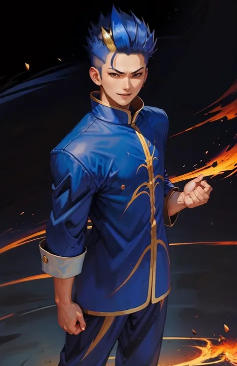 (Masterpiece, Best quality: 1.2), 1 boy, Solo, jin chonrei, Fatal Fury, 20 years old, blue Chinese suit, his blue hair has strands of yellow hair on the sides, looking with a serious smile at the viewer.