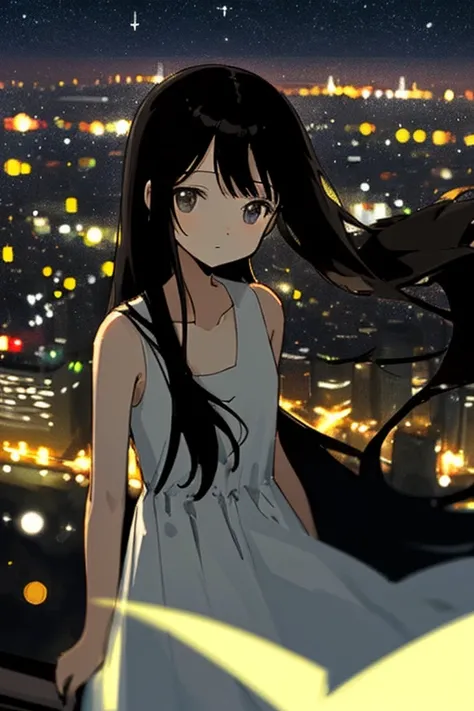 illustration, 1 👧➕🙂, upper body, Eyes➕🌌, looking at viewer, (Fine and straight long hair➕Black hair), The background can be seen between the fine hair, thin line, collarbone, Plain white dress, sleeveless, Simple clothes without decoration, Delicately deta...