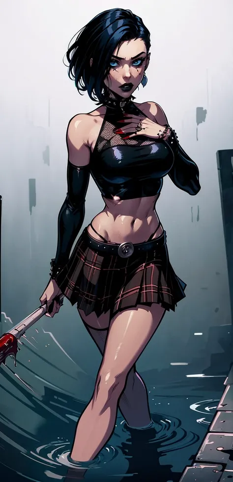 a woman with short black hair, hair on shoulders,  wearing a black cropped  and plaid skirt, blue eyes, zombie art, gothic art, cute aesthetic with vibe, toon aesthetic, wearing red costume, wearing gothic accessories, look like Cassie Hack, whole body, wa...