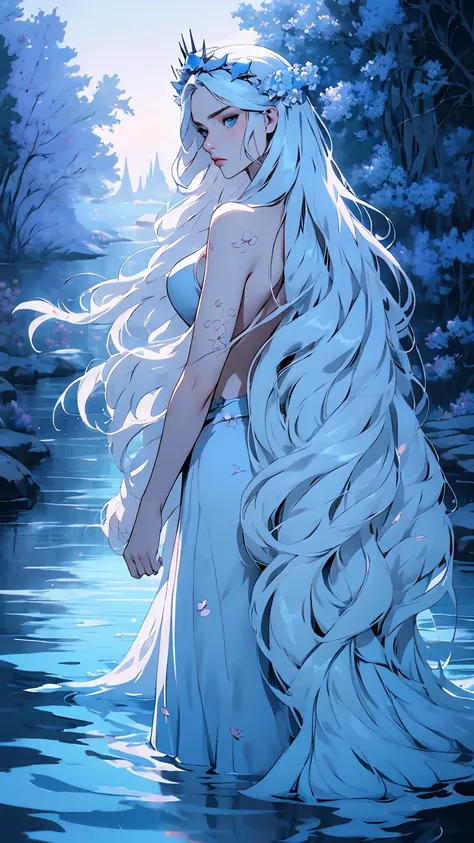 hyper-realistic  of a mysterious woman with flowing silver hair, piercing blue eyes, and a delicate floral crown, walking on the water, backards, looking back, whole  body