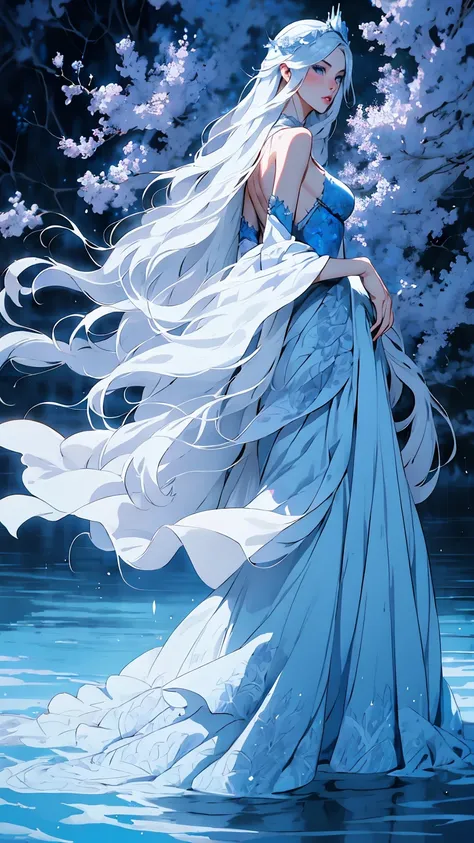 hyper-realistic  of a mysterious woman with flowing silver hair, piercing blue eyes, and a delicate floral crown, walking on the water, backards, looking back, whole  body