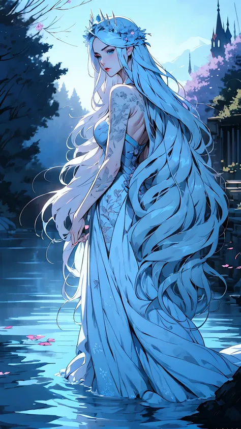 hyper-realistic  of a mysterious woman with flowing silver hair, piercing blue eyes, and a delicate floral crown, walking on the water, backards, looking back, whole  body