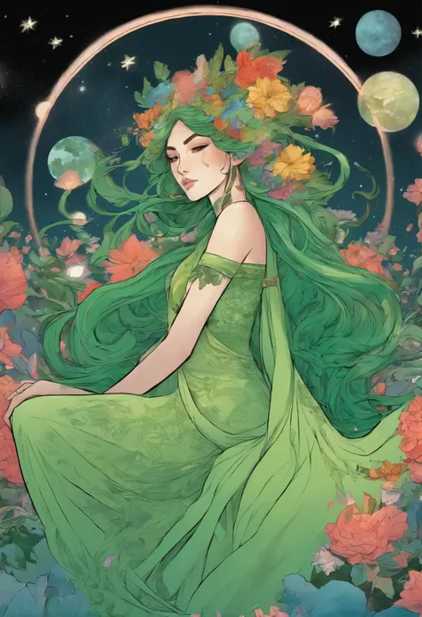 Fair-skinned nature goddess. Long flowing green hair filled with flowers. She sits amongst the stars and holds the earth in her bosom