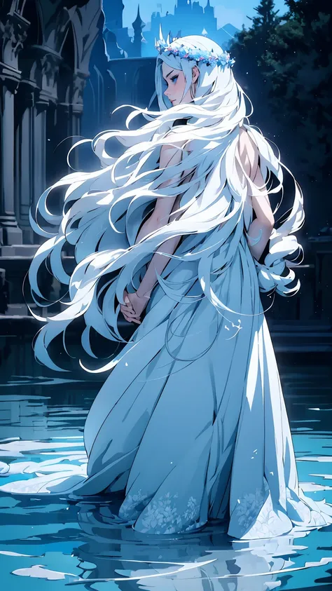 hyper-realistic  of a mysterious woman with flowing silver hair, piercing blue eyes, and a delicate floral crown, walking on the water, backards, looking back, whole  body