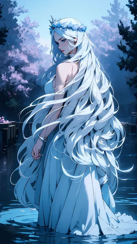 hyper-realistic  of a mysterious woman with flowing silver hair, piercing blue eyes, and a delicate floral crown, walking on the water, backards, looking back, whole  body