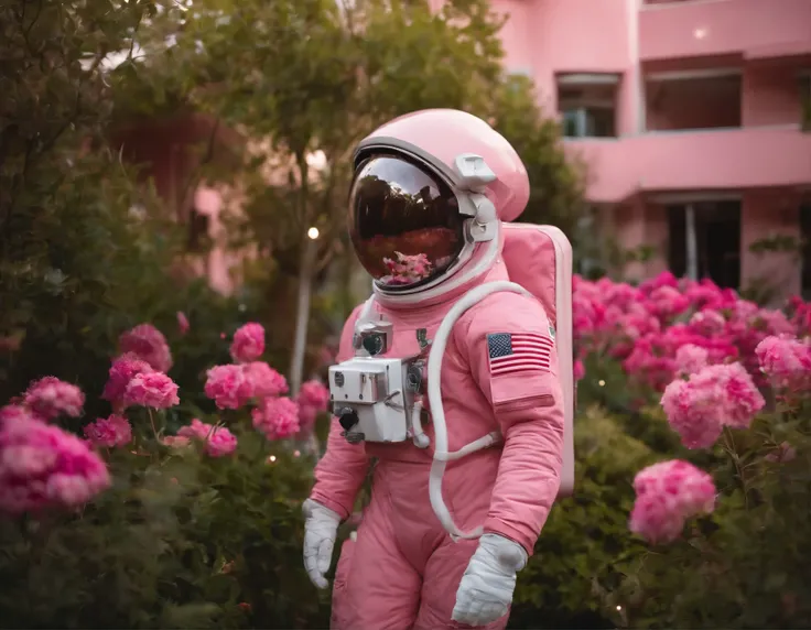 Picture an astronaut walking around in a housing complex decorated with soft shades of pink. The astronaut is wearing a realistic space suit, complete with helmet and oxygen tank, but looks comfortable and relaxed in this unusual environment. Around it, th...