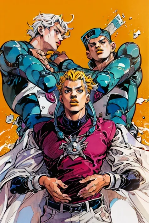 inspired by hirohiko araki, inspired in hirohiko araki, 2～three men and a woman, dynamic leadership style, snuggle pose, (unnatu...