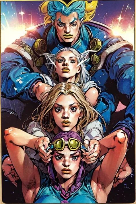 inspired by hirohiko araki, inspired in hirohiko araki, 2～three men and a woman, dynamic leadership style, snuggle pose, (unnatu...