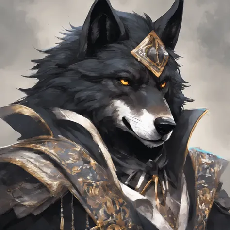 Black-haired wolf in costume. There is a cigarette in hand. Keep the collar of the garment closed