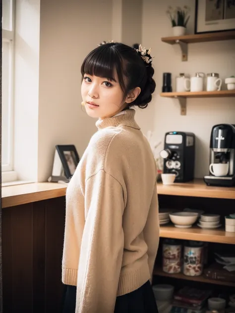 upper body, front view, landscape of a woman in white turtleneck reaching the viewer, coffee bar background. ((imid shot on 35mm...