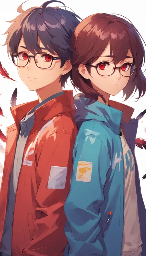 Cute sister and brother, twins, similar face, red eyes, simalar jacket and shirt, wearing glasses, square-framed glasses, sharp feathers, stand side by side