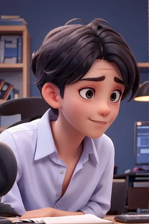 1 boy, black hair, short hair, slanted eyes,dark blue formal shirt,white skin, 18 years old,working on computer, in the office,cinematic footage, darker background,