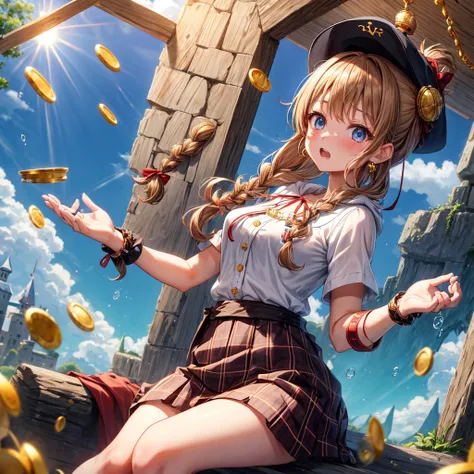 reddish-brown blonde、blue eyes、Braid、ponytail、one good looking girl、solo、anime、plaid mini skirt、the skirt has buttons、camisole、black t-shirt、dress、wearing a ribbon、ribbon at waist、cloak、Crystal Grotto、hood、desert、clouds are swirling、stone slabs are piled u...