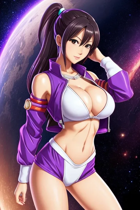 Mai shiranui, busty, long purple jacket, white tank top, spacesuit helmet, illustration iridescent, magically glowing, shiny colorful, By Yuumei, Anime art wallpaper 8K, Guviz-style artwork, Anime art wallpaper 4k, Anime art wallpaper 4K, girl in purple ja...