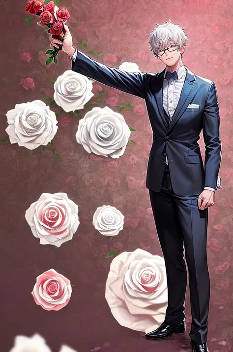 gojo_satouru, side_face, tall, wearing a suit, have white hair, jujutsu kaisen, wearing_glasses, beautiful art, solo, masterpiece, best quality, detailed face, detailed eyes, highres, ((((( a white garden with red roses background)))))