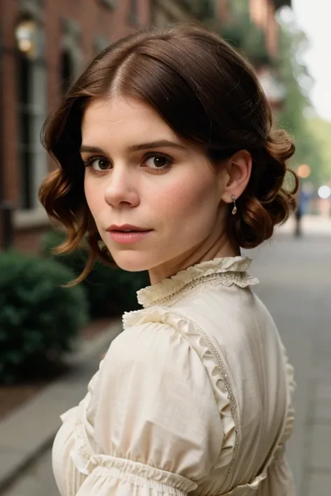 (a closeup of a beautiful Kate Mara on a 19th century street in an edwardian vintage dress), (Serious:0.5), (Highly detailed face:1.4), ass pov, Nikon D850, film stock photograph, 4 Kodak Portra 400, camera f1.6 lens, saturated colors, hyper realistic, lif...