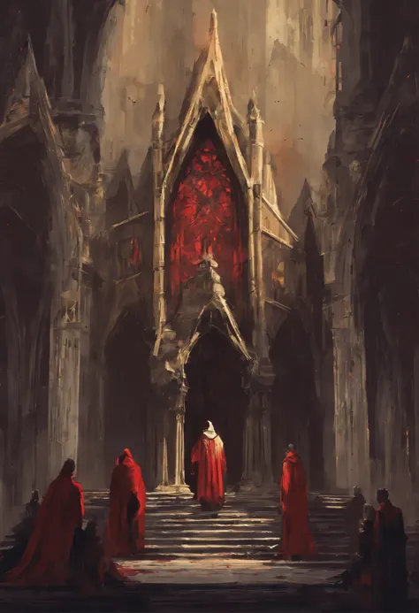 A cathedral in the background，an upside down red cross，in front of the door, A man in a golden cloak is praying，behind him, Many people in black robes knelt down to worship.，Dark worship，Demon worship