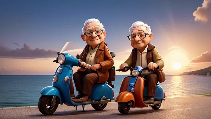 masterpiece, best quality, an old woman and an old man with glasses and a scooter helmet on their heads, wearing a motorcycle jacket, sitting on a scooter, sunset and sea in the distance in the background