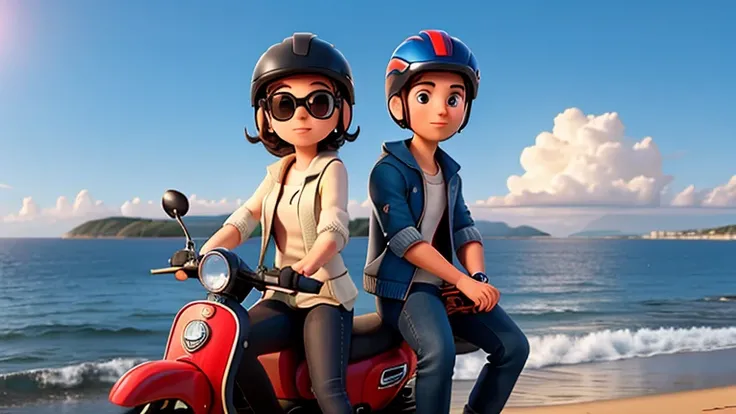 masterpiece, best quality, a young woman and a young man with sunglasses and a scooter helmet on their heads, wearing a vintage motorcycle jacket, ((sitting on the same scooter)), sunset and sea in the distance in the background