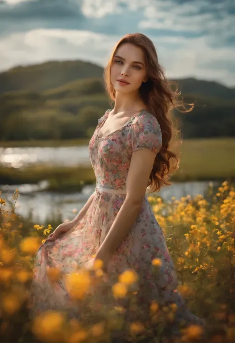 est quality, masterpiece, 1girl, pretty, reflected light, mid-chest, Colorful dress, long hair, cute, flowery meadow,