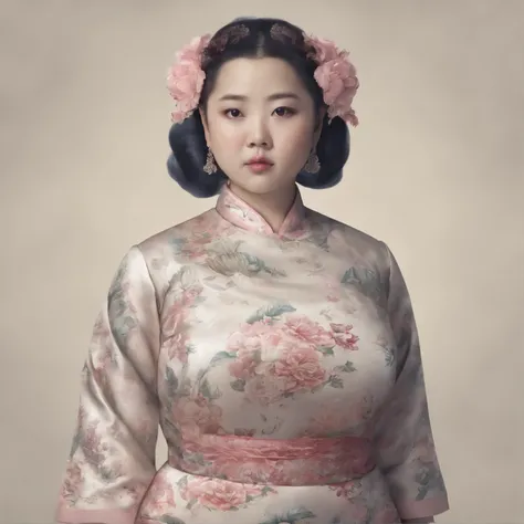 A ，Hold your arms，Frowning，Staring at you angrily，Pouting angrily，Floral half-sleeved cheongsam，Cute fat girl，A ball head