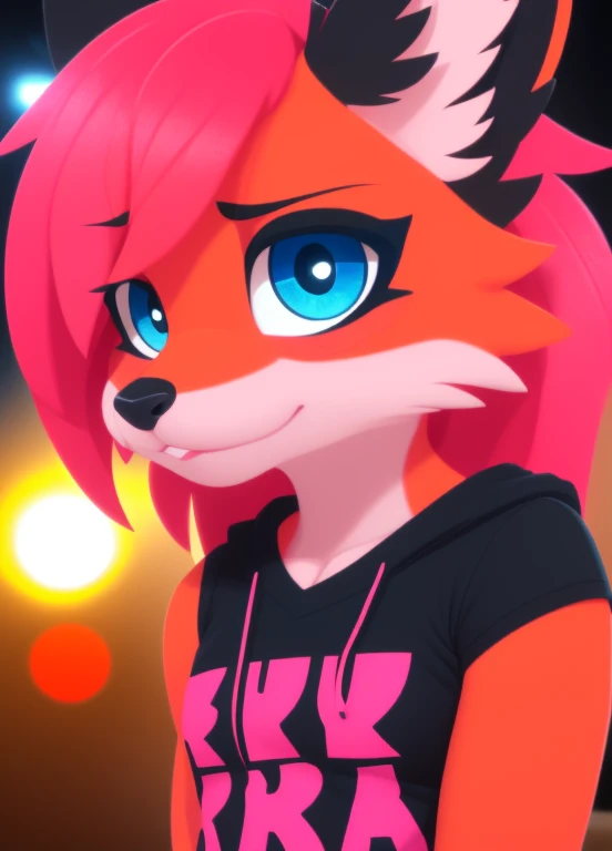 a fox with pink hair and heterochromatic eyes (red and pink), with orange-red fur, wearing a black sleeveless hoodie with a v-ne...