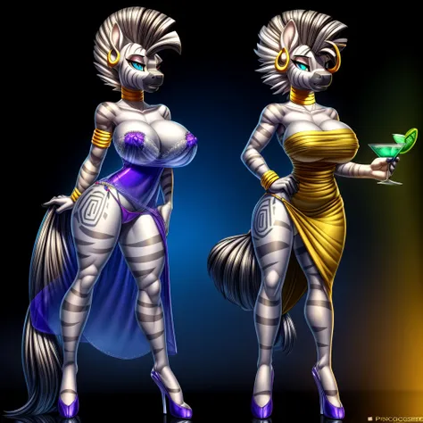 detailed,8k.4k,((Best quality, masterpiece, ultra high resolution)), ((full body)), by Skygracer, by pixelsketcher, (( zecora fusion with Elsa)), (Elsa dress cosplay), hoop earrings, bracelet, blue eyes, grey skin, furry female, neck ring, armlet, facial m...