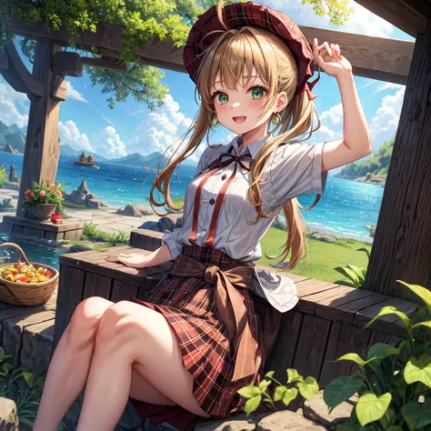 reddish-brown blonde、green eyes、ponytail、one good looking girl、solo、anime、plaid mini skirt、the skirt has buttons、camisole、black t-shirt、dress、wearing a ribbon、ribbon at waist、cloak、hood、clouds are swirling、stone slabs are piled up、one hand raised、Wearing a...