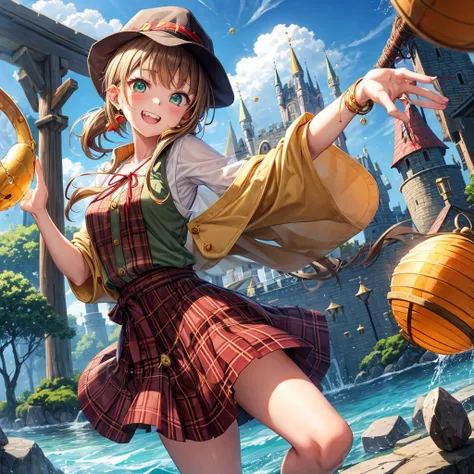 reddish-brown blonde、green eyes、ponytail、one good looking girl、solo、anime、plaid mini skirt、the skirt has buttons、camisole、black t-shirt、dress、wearing a ribbon、ribbon at waist、cloak、hood、clouds are swirling、stone slabs are piled up、one hand raised、Wearing a...