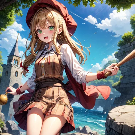 reddish-brown blonde、green eyes、one good looking girl、solo、anime、plaid mini skirt、the skirt has buttons、camisole、black t-shirt、dress、wearing a ribbon、ribbon at waist、cloak、hood、clouds are swirling、stone slabs are piled up、one hand raised、Wearing a baseball...