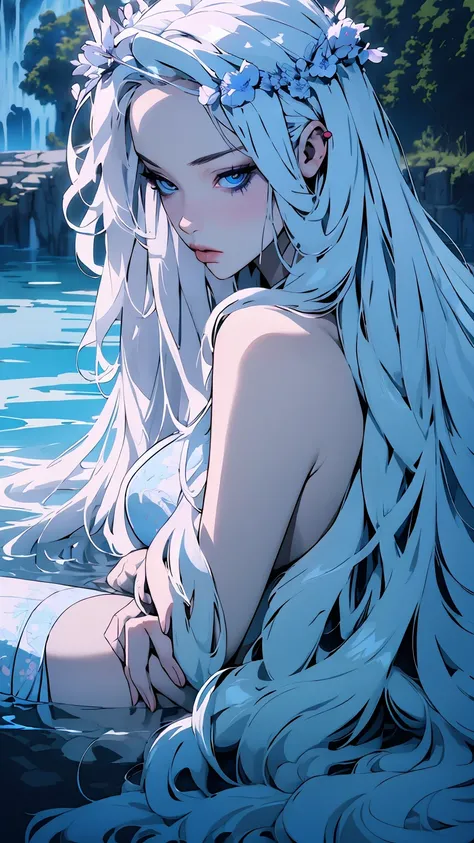 hyper-realistic  of a mysterious woman with flowing silver hair, piercing blue eyes, and a delicate floral crown, sitting on the water, backards, looking back, whole  body