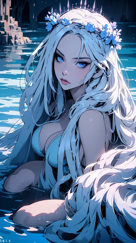 hyper-realistic  of a mysterious woman with flowing silver hair, piercing blue eyes, and a delicate floral crown, sitting on the water, backards, looking back, whole  body