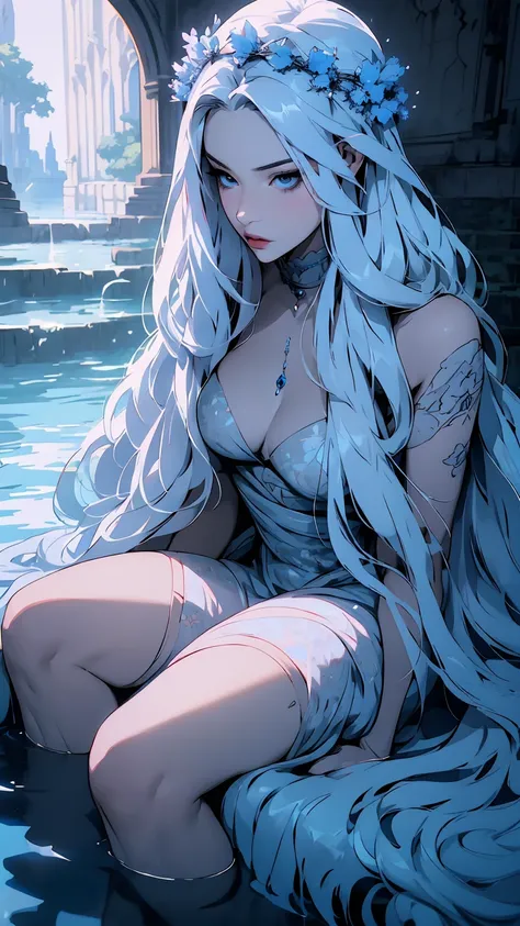 hyper-realistic  of a mysterious woman with flowing silver hair, piercing blue eyes, and a delicate floral crown, sitting on the water, whole  body