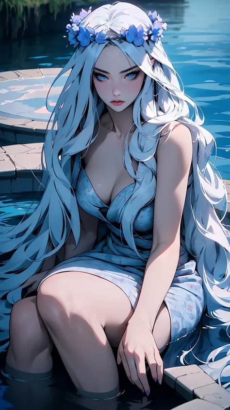 hyper-realistic  of a mysterious woman with flowing silver hair, piercing blue eyes, and a delicate floral crown, sitting on the water, whole  body