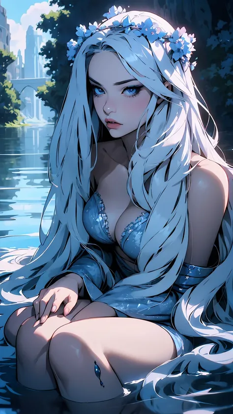 hyper-realistic  of a mysterious woman with flowing silver hair, piercing blue eyes, and a delicate floral crown, sitting on the water, whole  body